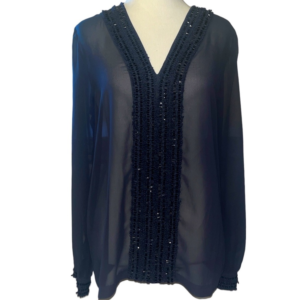 Lucky brand navy, sheer, long sleeve, beaded blouse, absolutely stunning, small